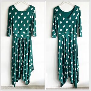 Boden 10 Midi Dress Green Floral Polka Dot 3/4 Sleeve Handkerchief Spring